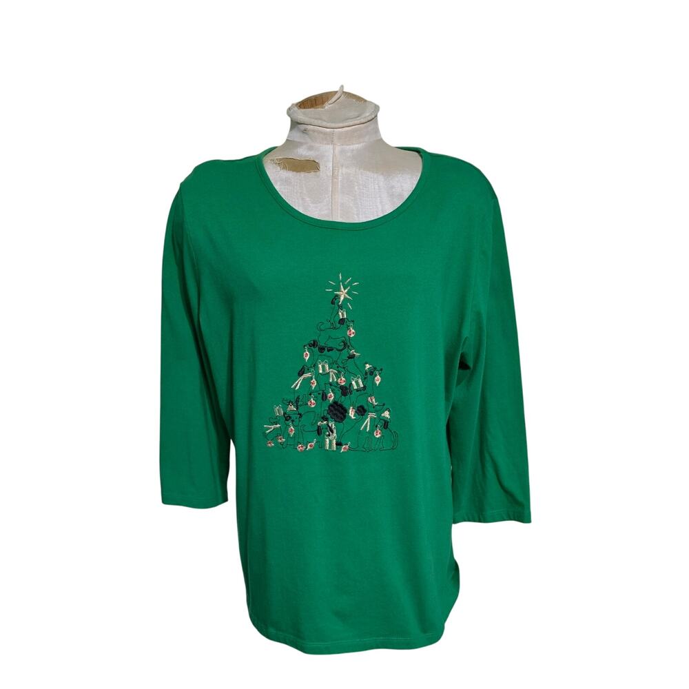 Coral Bay Christmas Tree Dogs Green Holiday womens Top‎ Size XL